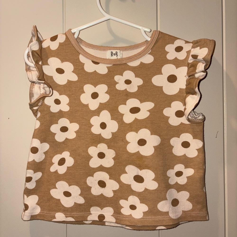 R + B Organics Tan Floral Ruffle Sleeve Tee